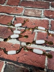 Lot Of 7 Vintage brass ceramic knob bail cabinet drawer dresser pull handle