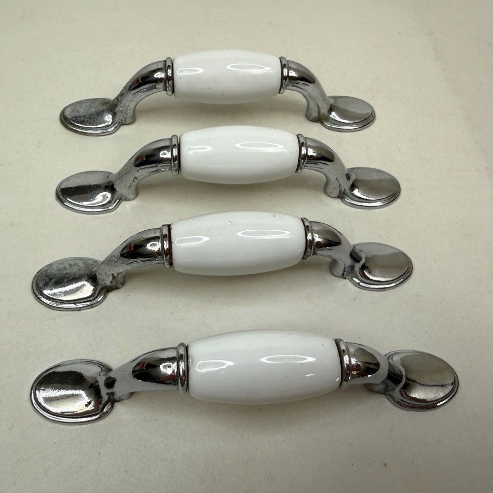 VTG 1980 4 PCS Porcelain Chrome Cabinet Dresser Drawer Pull Handles 5 Inch L