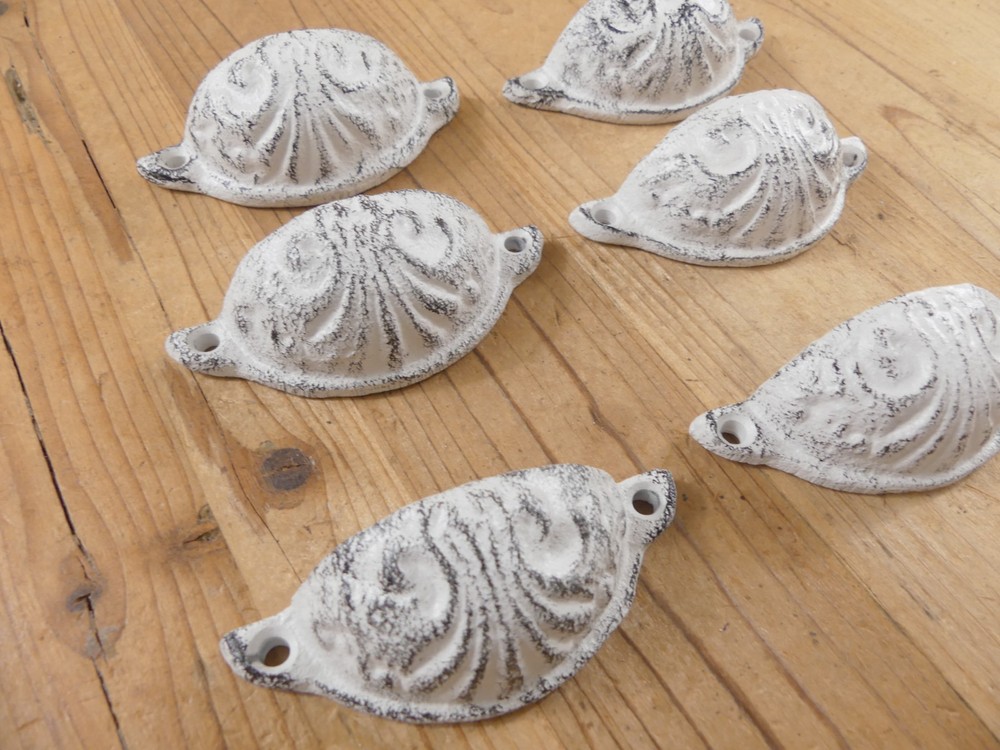 6 Cup Pulls Distressed White Drawer Cabinet Bin Handles Cast Iron Hardware Knob