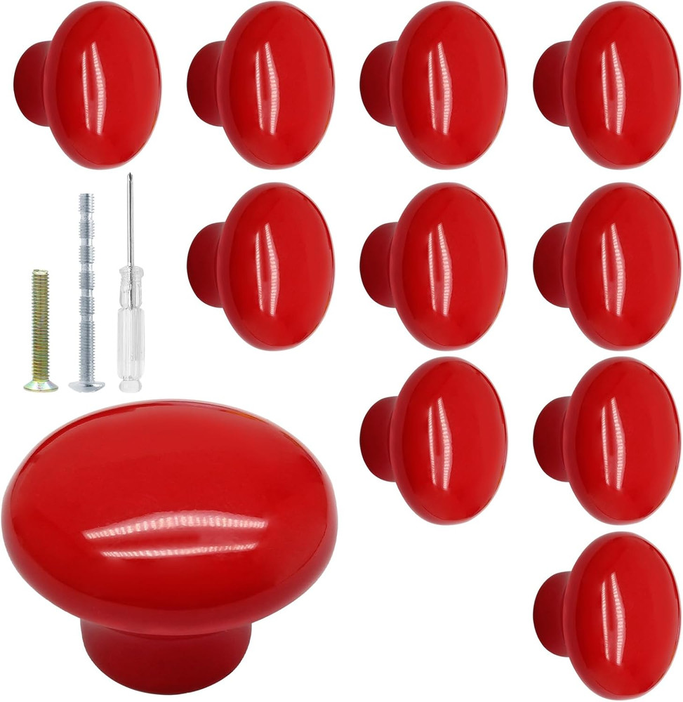 10 Pack Red Ceramic Kitchen Cabinet Knobs Pulls, 32 mm/1.26 Inch Retro Vintage R