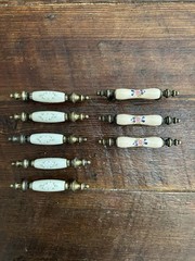 Lot of 8 Vintage Brass Drawer Pulls 3 Amerock Almond Ceramic & 5 Keeler Co