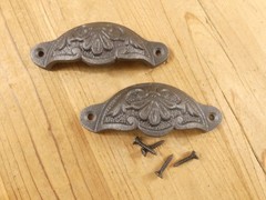 2 CUP PULLS 4 1/8 WIDE DRAWER VICTORIAN BIN HANDLES ANTIQUE-STYLE IRON BEAUTIFUL