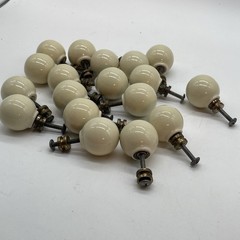 Set 18 Cabinet Knob Porcelain Off-White Round Pull Ceramic Ball Brass VINTAGE