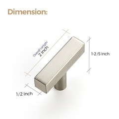 5 Pack 2 Inch Square T Cabinet Knob, Brushed Nickel, Single Hole, Pull, Template