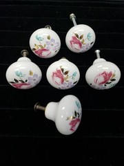 Lot 6 Vtg Porcelain Knob Round Floral Cabinet Drawer Pull Handle Cottage Shabby