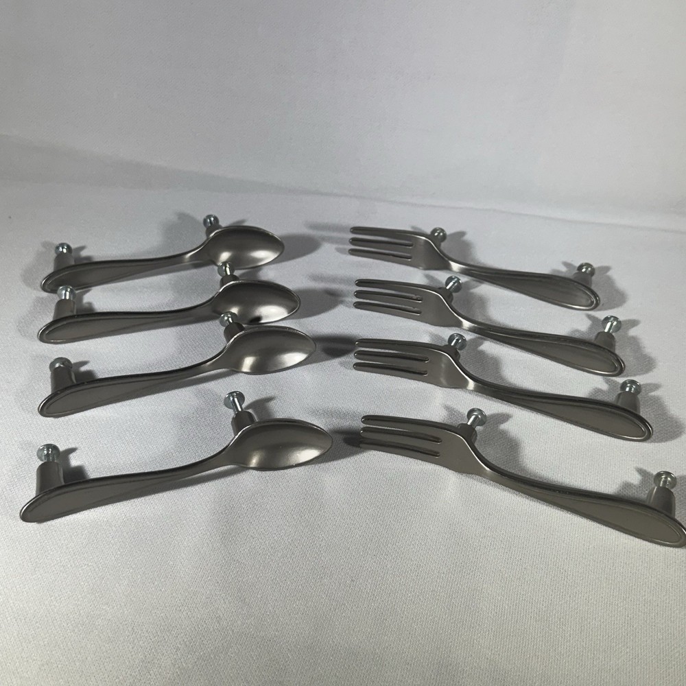Set of 8 Utensil Drawer Cabinet Pulls 4 Fork 4 Spoon Handle Kitchen Bar Silver