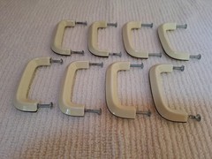 Lot of 8 Mid Century Modern Cream w/Brown Stripe Ceramic Porcelain Cabinet Pulls