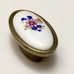 White Ceramic Floral Antique Brass Cabinet Door Drawer Pull Knob 2-1/4″ OVAL
