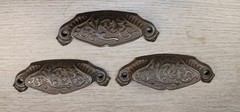 3 Antique Bin Drawer Handle Cup Pulls Ornate Cast Iron Original