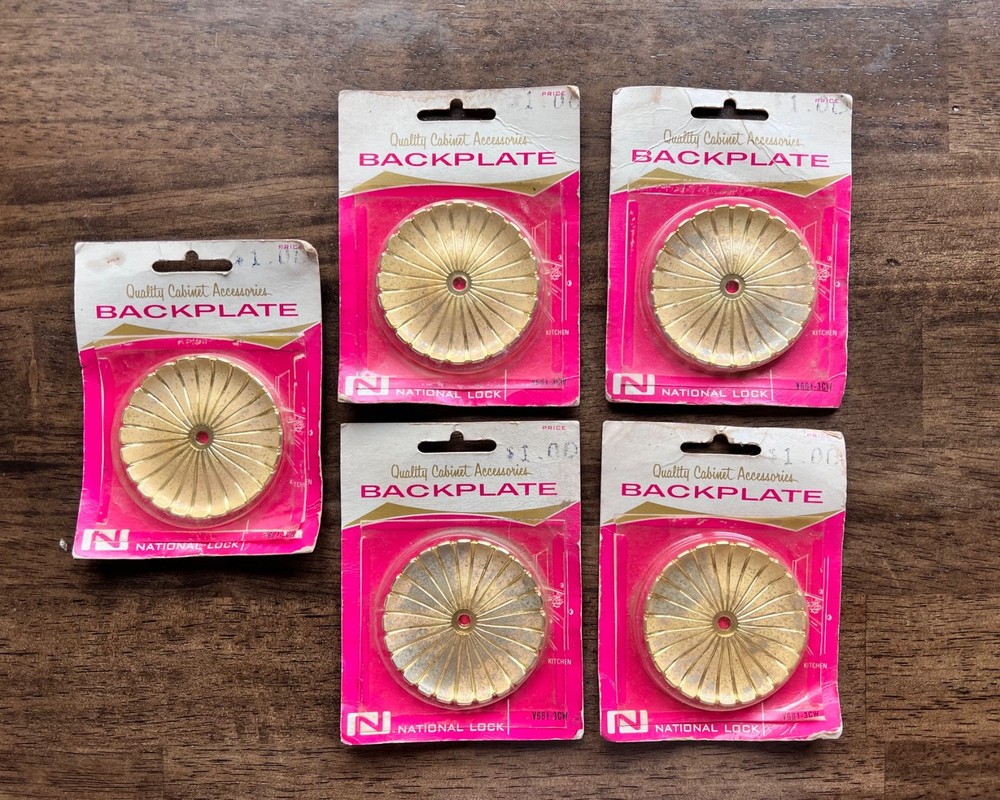 VTG Set of 5 Gold Tone Round Art Deco Cabinet Backplates by National Lock – New