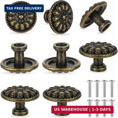 8 Vintage Antique Brass Knobs Handles Pulls – Flower Pattern for Cabinets Drawer