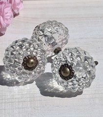 2 Clear Faceted Textured Glass Antique Brass Cabinet Pulls Bathroom Kitchen Knob