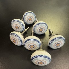 7 White Round Ceramic Porcelain Cabinet Drawer Knob Mandala Pattern Boho