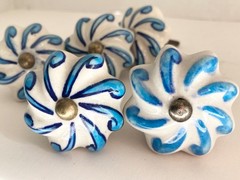 Set of Blue White Ceramic Drawer Cabinet Knobs Pulls Made in India