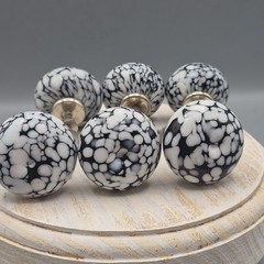 Marble Glass Cabinet Knobs Drawer Pulls (6) Black White Splatter 2″ Diameter