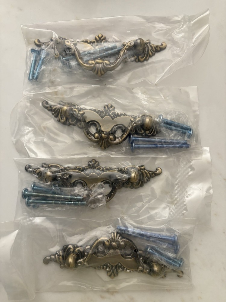 Vintage Ornate Metal Bail Pull Drawer Pulls Antique 3in C-C Silver/Gold 4pk