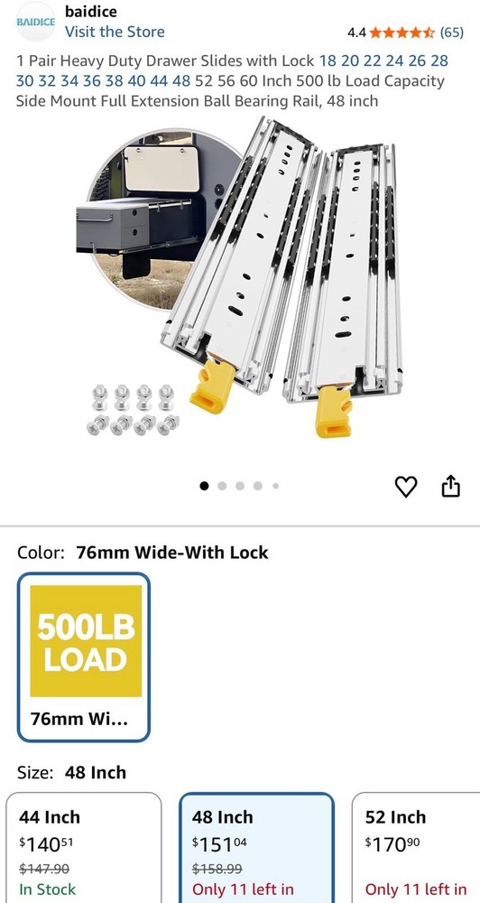 Baidice 1 Pair Heavy Duty Drawer Slides w/ Lock 48in – 500lb Load Full Extension