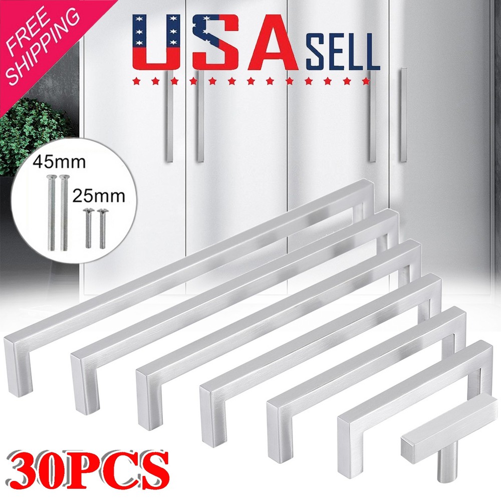 30PCS Stainless Steel Drawer Pulls Square Brushed Nickel Kitchen Cabinet Handles