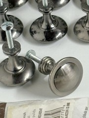 Lot/28 Allen + Roth polished pewter 1.26 inch round with screws cabinet knobs