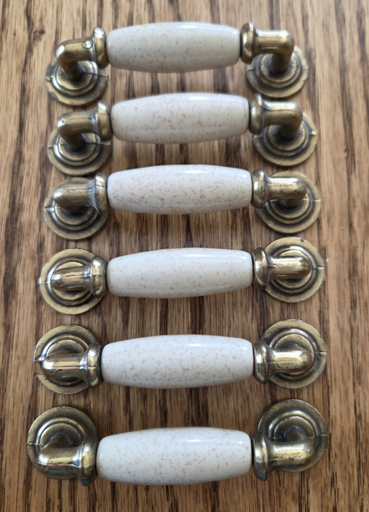6 VTG Brass & Porcelain Cream w/ Speckles Ceramic Cabinet Drawer Handles Pulls