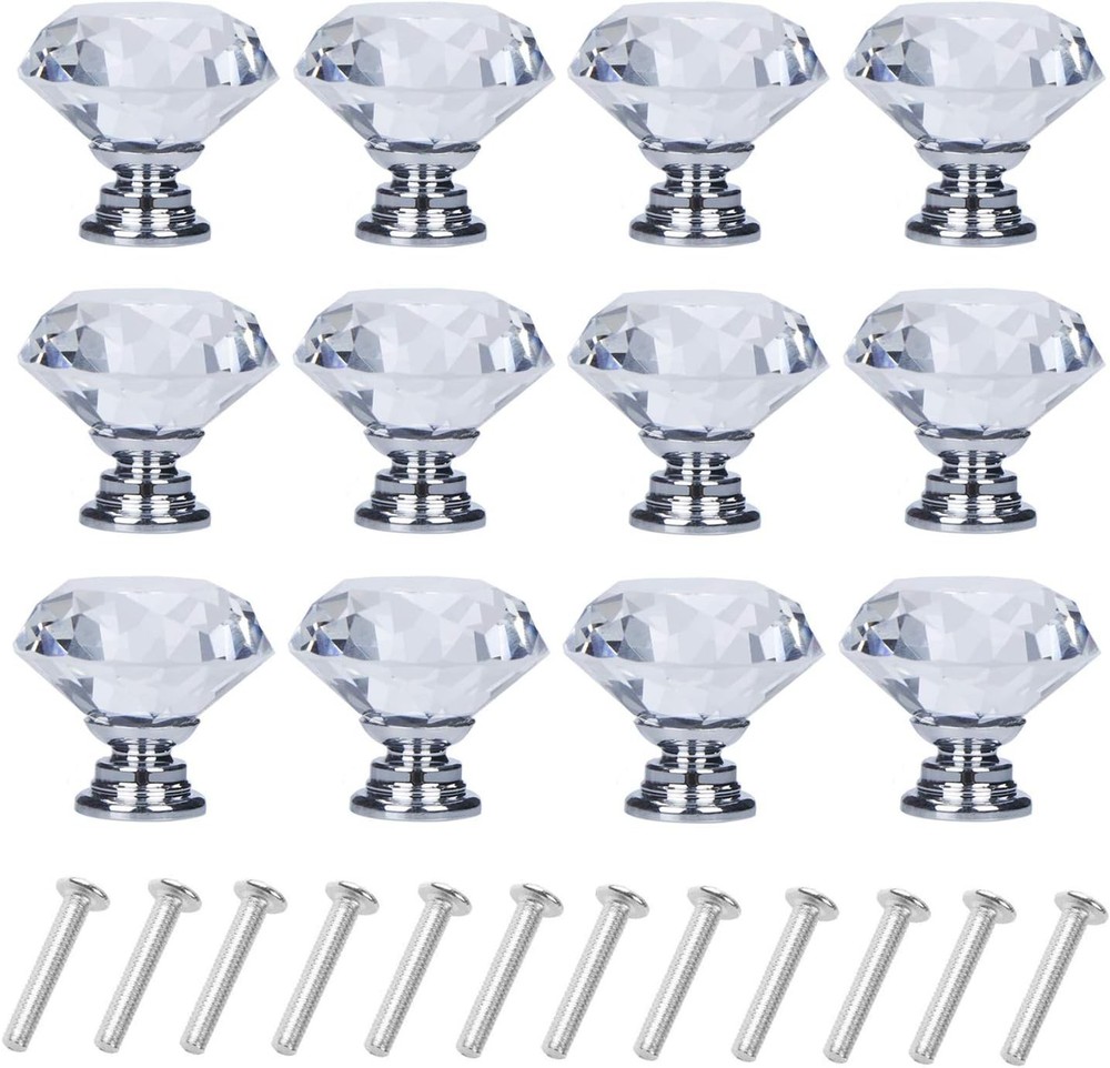12Pack Drawer Knobs Diamond Shaped Crystal Glass 30mm Cabinet Knobs Pull Handles