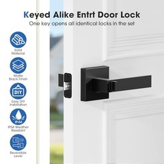 Exterior Door Locks, Keyed Alike Black Door Handle with Lock and Key, 4 Pack