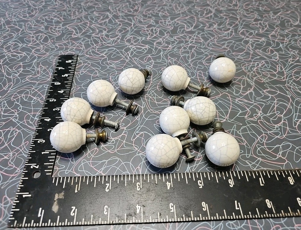 Lot of 10 Vtg Porcelain Ceramic White/Grey Crackle Drawer Pull Cabinet Knobs
