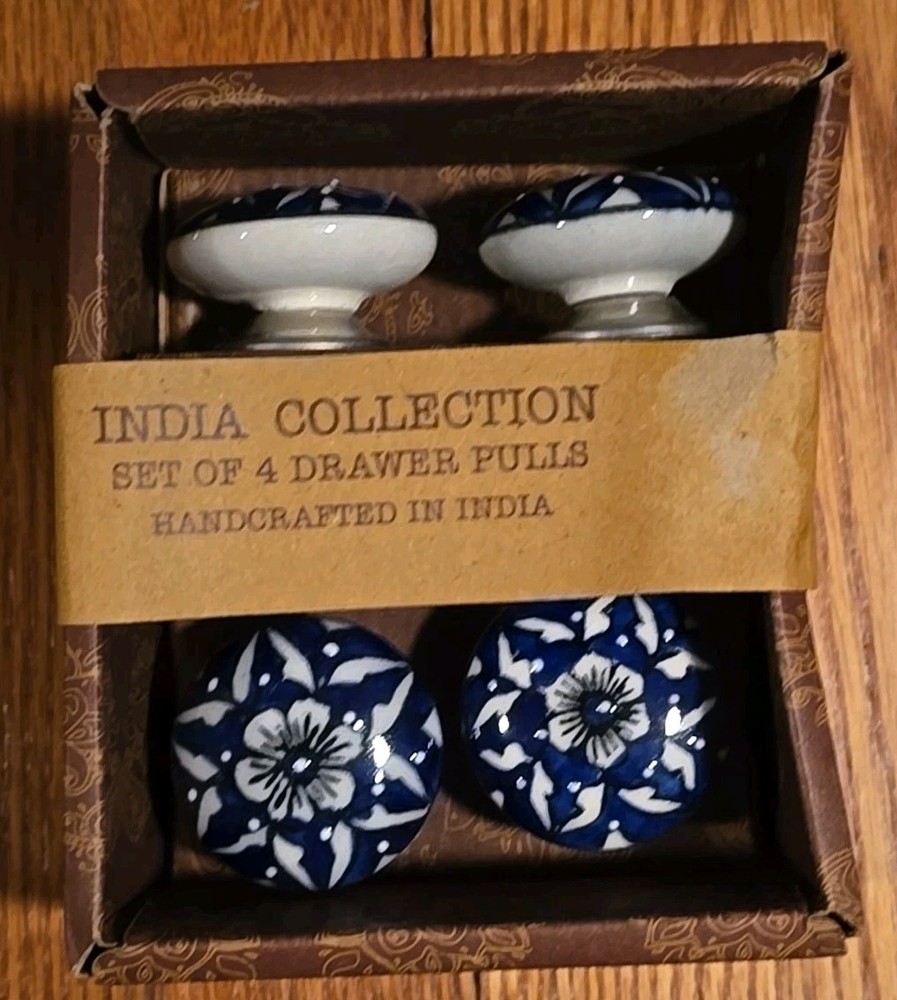 Ceramic Blue & White Drawer Pulls Handcrafted In India Set Of 4 NIB