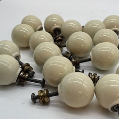 Set 18 Cabinet Knob Porcelain Off-White Round Pull Ceramic Ball Brass VINTAGE