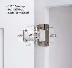 40 Pcs 1/2″ Overlay Brushed Nickel Self Closing Semi Wrap Cabinet Hinges 20-pair