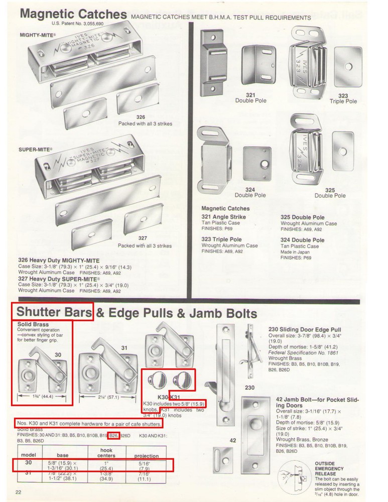 IVES #K30MB26 SHUTTER BAR AND KNOBS(2), SOLID BRASS, POLISHED CHROME-PLATED