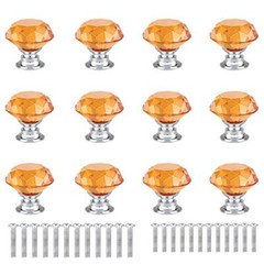 12 Pcs 30mm Diamond Shape Crystal Glass Cabinet Knobs with Screws Drawer Amber