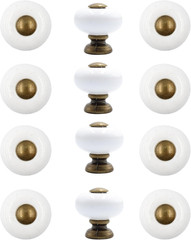 12Pcs 1” Ceramic round Knobs, Antique Brass and Ceramic Cabinet Knobs, White Fur