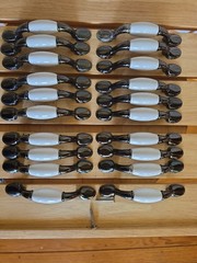 Vtg 20 Wht Porcelain & Gun Metal Gray Spoon Foot Cabinet Pulls 5″ Long 3″Centers