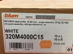 Open Box Set of 5 Blum White Metabox 16”L x 3.5”H Drawer Slide Set #320M4000C15