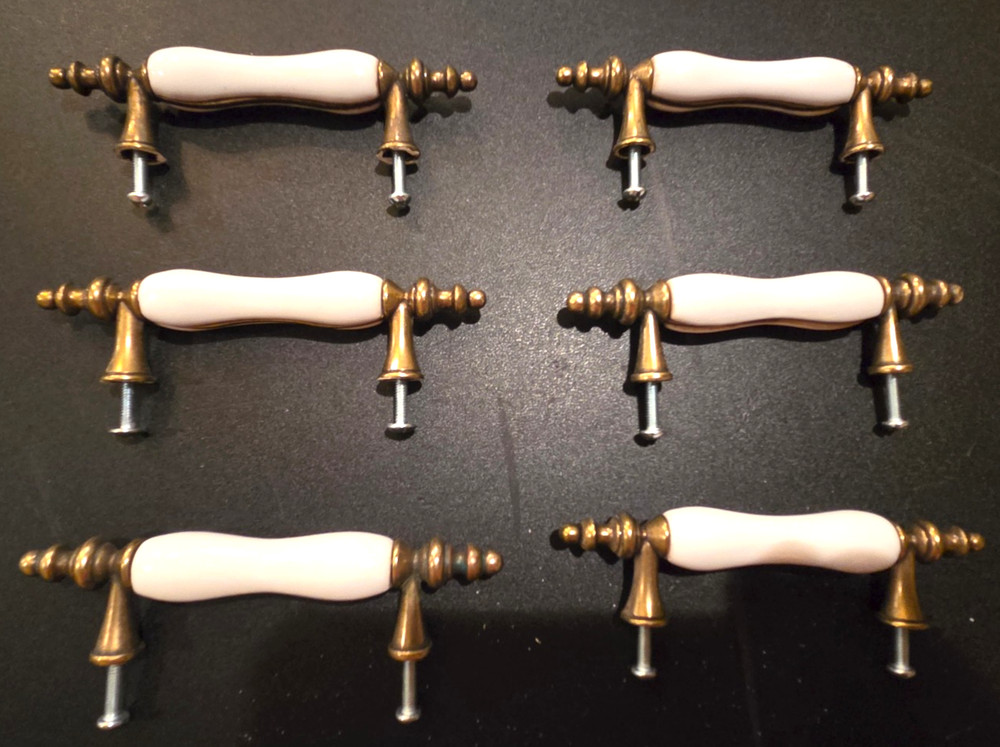 6 Ceramic and Brass 5” Dresser Drawer Pulls Almond Cabinet Handles With Screws