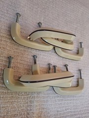 Lot of 8 Mid Century Modern Cream w/Brown Stripe Ceramic Porcelain Cabinet Pulls
