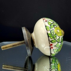 Boho Floral Green Yellow Ceramic Knob Handle Home Deco Door Drawers Botanicial