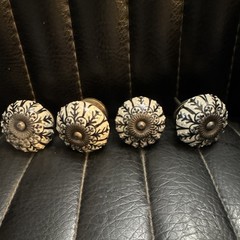 Set of 4 White Black Floral Ceramic Cabinet Knobs Antique Bronze Base 1.5in