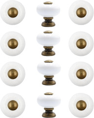 12Pcs 1” Ceramic round Knobs, Antique Brass and Ceramic Cabinet Knobs, White Fur