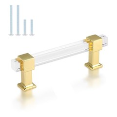 5 PCS Gold Zinc Alloy Cabinet Pull Square Acrylic Tube 33/4″ Hole Center