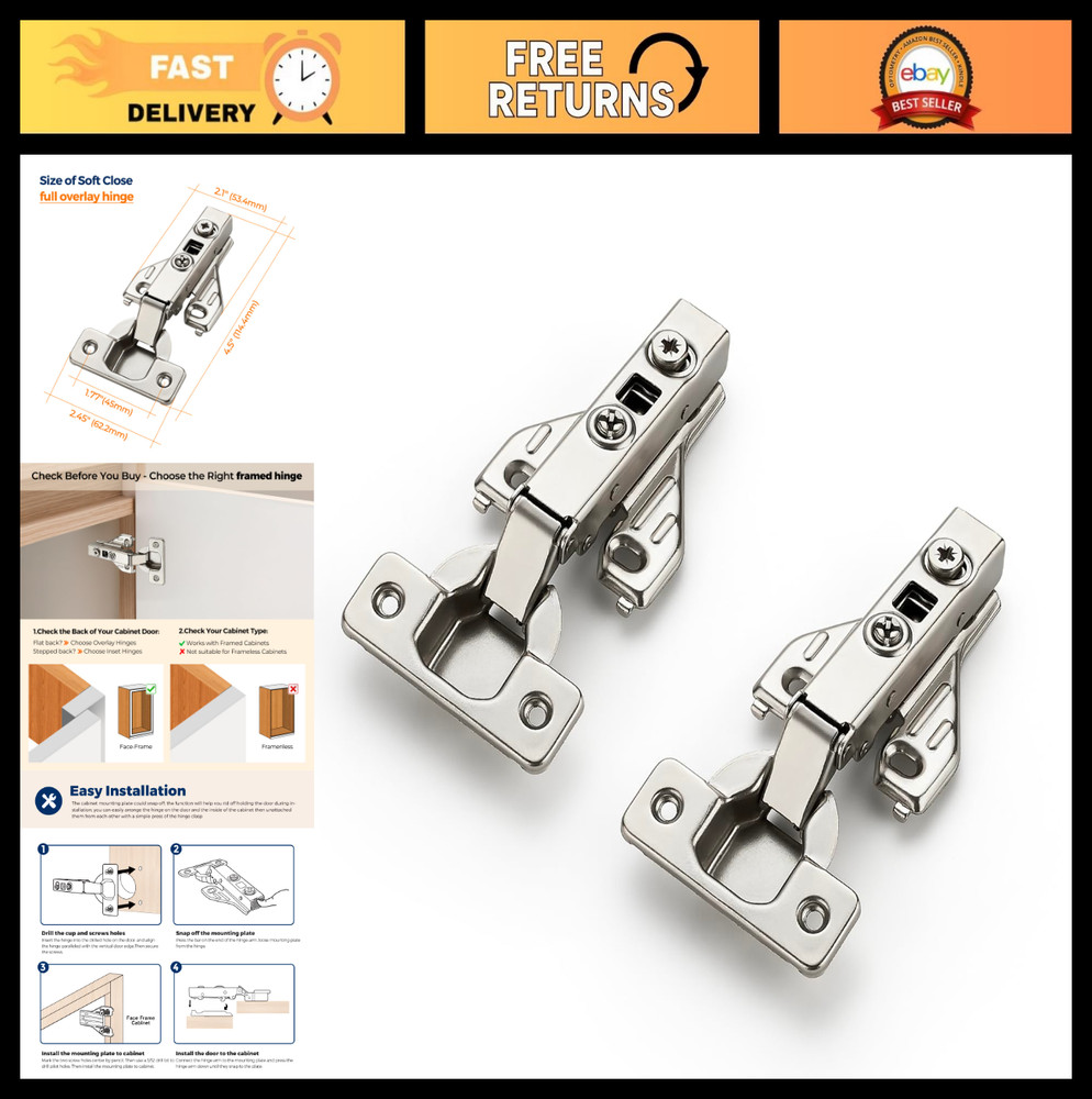 Full Overlay Cabinet Door Hinges 105° Soft Close Concealed Satin Nickel – 2 Pack