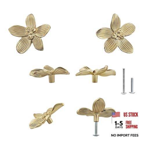 2.4 Inch Gold Flower Drawer Knobs, Gold Decorative 6 Pack Brushed Gold Brass
