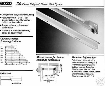 GRASS DRAWER SLIDES, #6020, 650mm, ALMOND, BULK