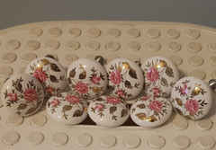 Lot of 9 Vintage Floral Porcelain Ceramic Brass Drawer Cabinet Pulls Handles