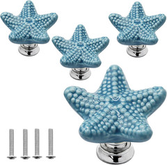 4 Pack Ceramic Starfish Drawer Knobs – Coastal Blue Cabinet Handles for Kitchen,