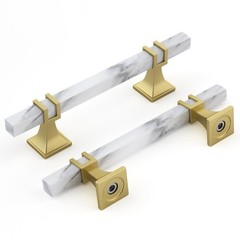 Rergy 10pk Gold Cabinet Handles White Marble Pulls 4″ Hole Matte Go
