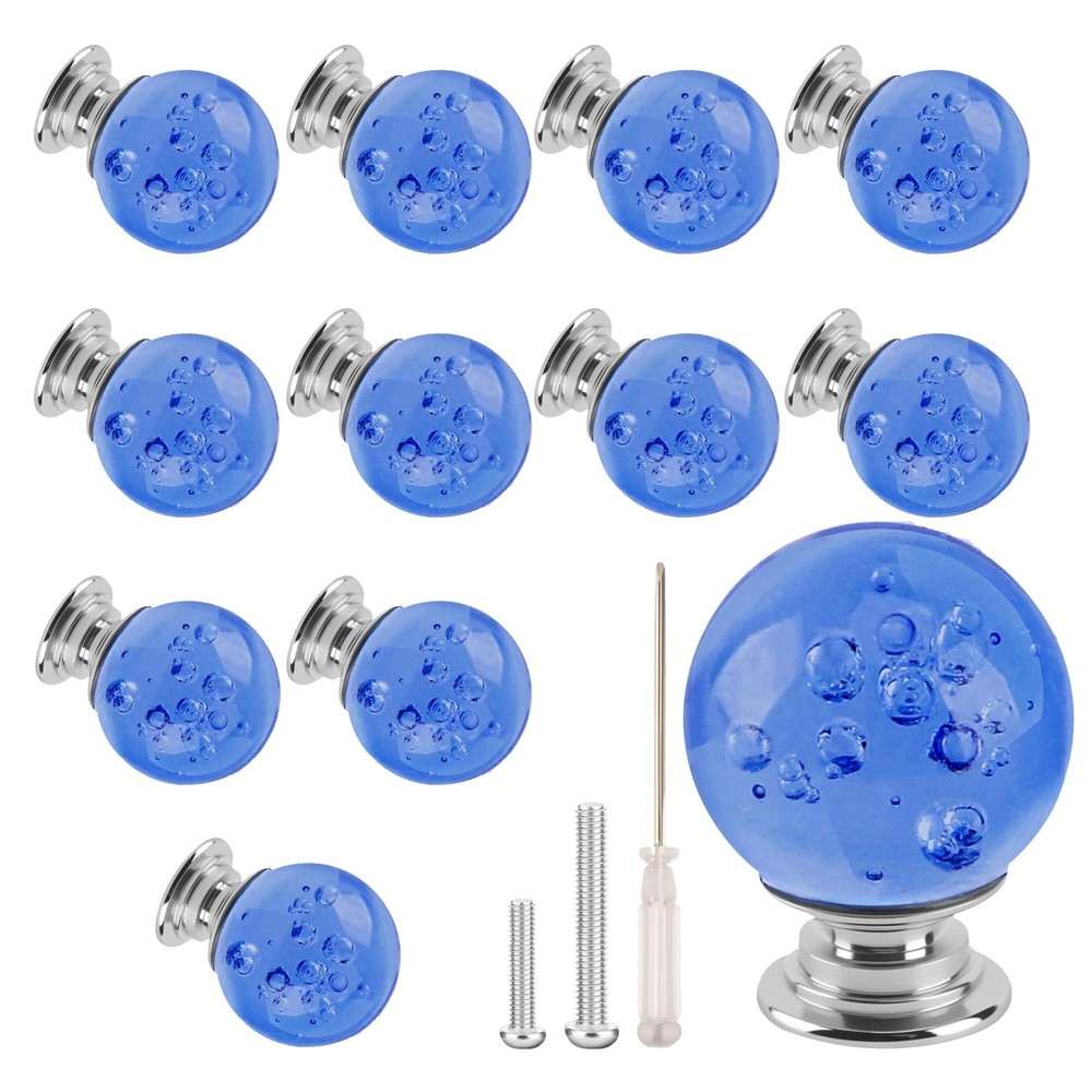 12 Pcs 30mm Round Shape Bubble Crystal Glass Cabinet Knobs with Screws Drawer…