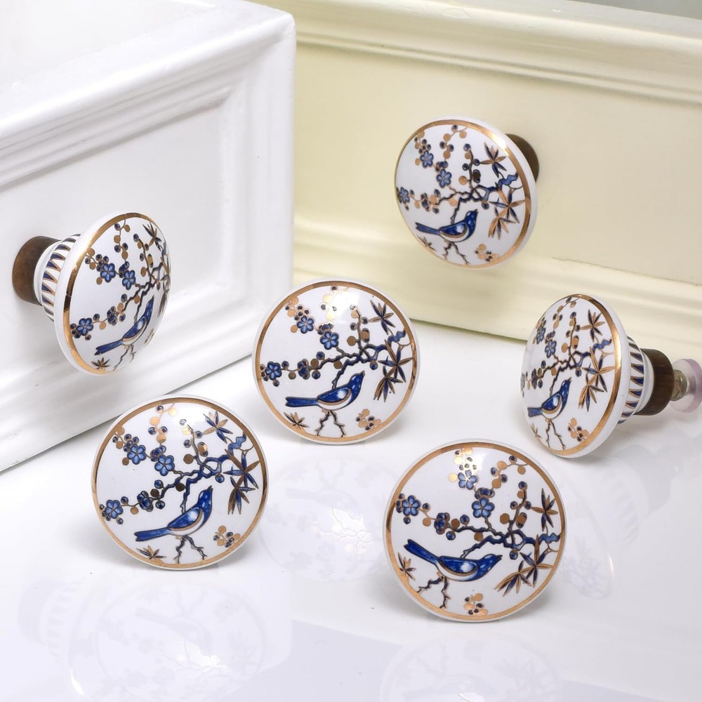 Blue and Gold Drawer Pulls for Cabinet Knobs Designer Bird Kids Modern Ceramic