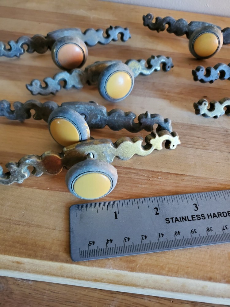 Vintage Off White Ceramic & Antique Brass Furniture Knob w/ Back Plate Set of 7